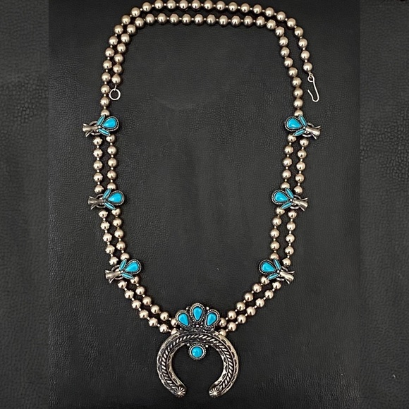 Vintage Faux Turquoise Silver-tone Ball Chain Squash Blossom Boho Necklace - Picture 3 of 12